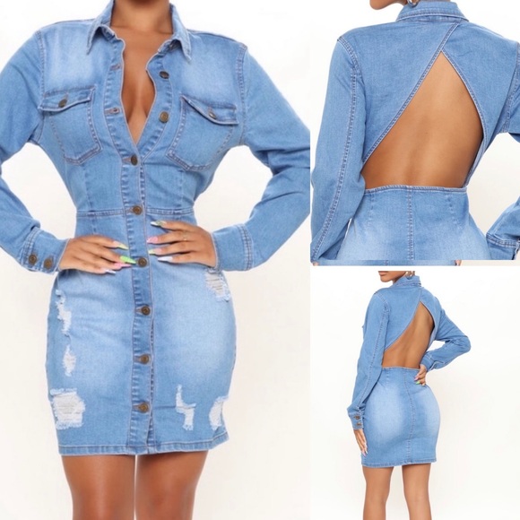 NWT DISTRESSED OPEN BACK DENIM DRESS - Picture 1 of 5